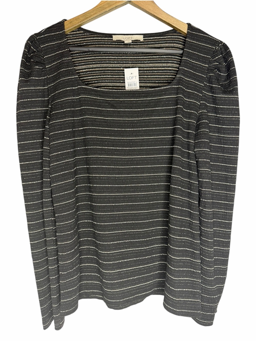 NWT LOFT Puff Sleeve Square Neck Top size Large Black Silver Tan Stripe Pullover